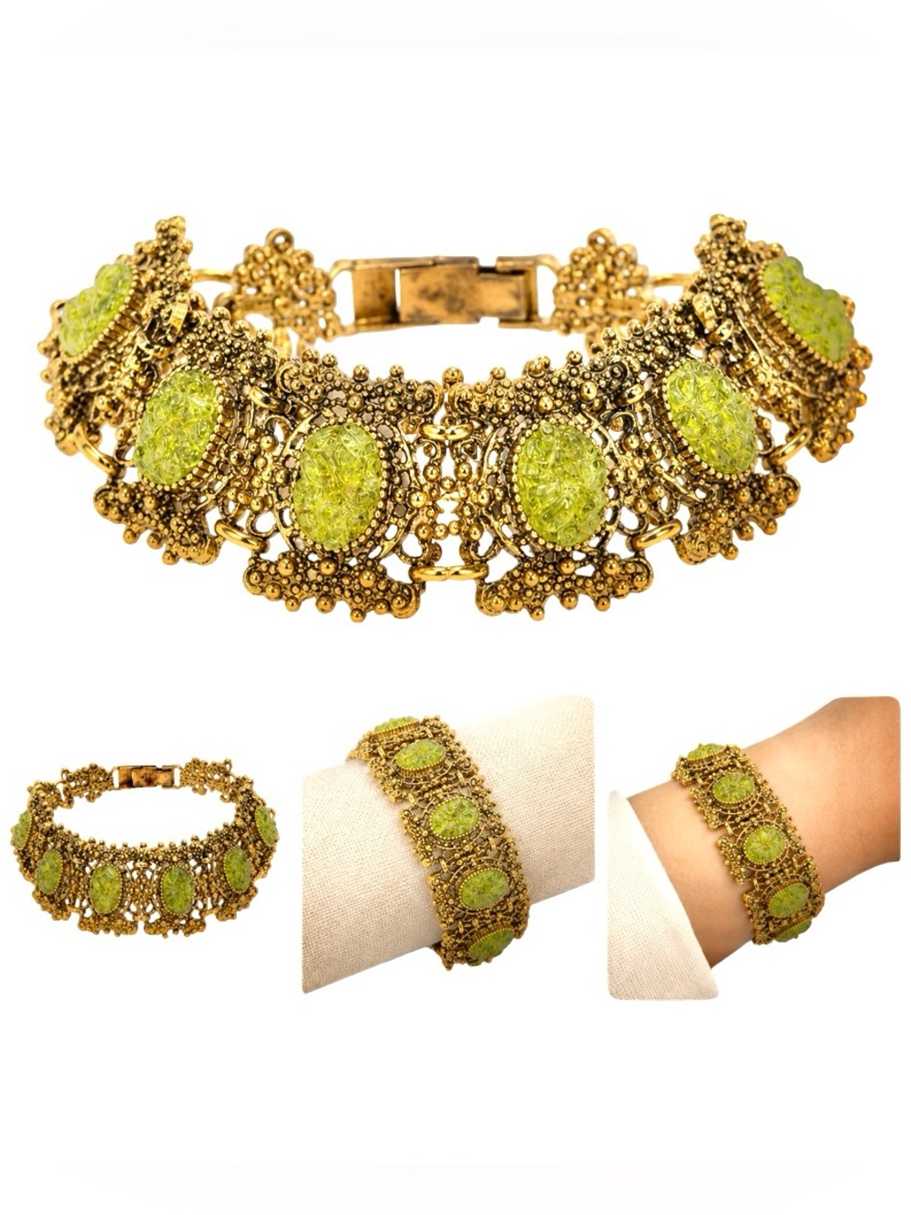 Selro Selini Style Mid-Century Green Faux Jade Victorian Revival tone bracelet